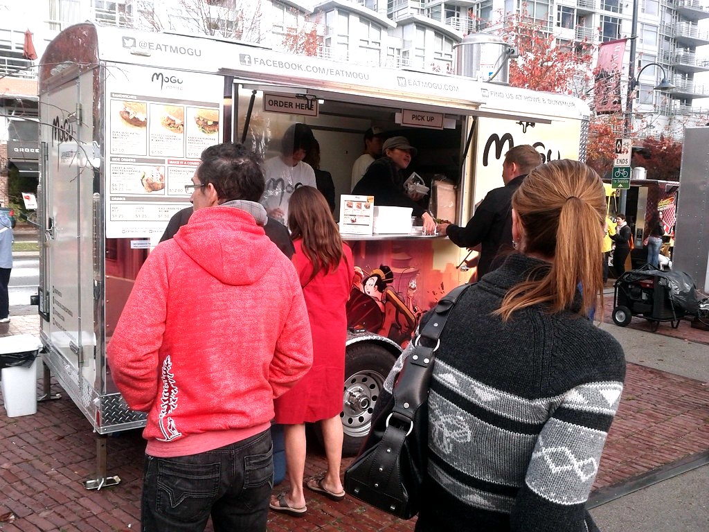 Food trucks lined up at a street food festival